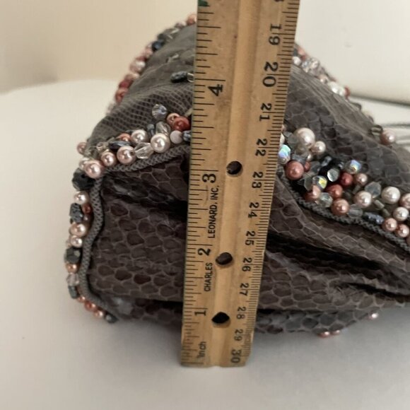 Grace Ann Agostino Embellished Evening Shoulder Bag Gray Leather Patchwork Beads - Picture 14 of 16